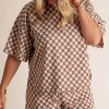 Brown Plus Size Checkerboard Print Short Sleeve Tee and Shorts Lounge Set - Image 6