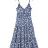 Women's Blue Floral Spaghetti Strap Frilled V Neck Tiered Midi Dress for Summer - Image 18