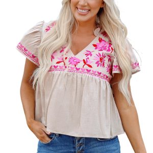 Women's Beige Floral Embroidered Blouse with Notched V Neck and Flutter Sleeves
