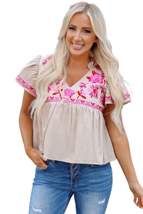 Women's Beige Floral Embroidered Blouse with Notched V Neck and Flutter Sleeves