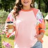 Women's Plus Size Orange Floral Print Patchwork Raglan Half Sleeve Top - Image 3