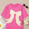 Women's Strawberry Pink Contrasting Color Ribbon Bow Front Loose Tee with Side Slits - Image 4