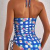 Women's Blue Gingham Halter Ruched Bodice One Piece Swimsuit with Drawstring Ties - Image 2