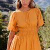 Elegant Grapefruit Orange Puff Sleeve Pleated High Waist Long Dress for Women - Image 9