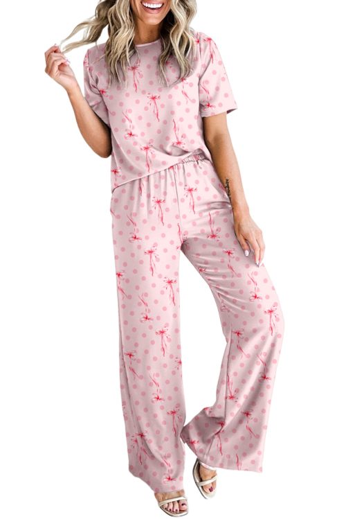 Women's Pink Bow Knot Polka Dot Print Short Sleeve Top Lounge Set