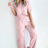 Women's Pink Bow Knot Polka Dot Print Short Sleeve Top Lounge Set - Image 3