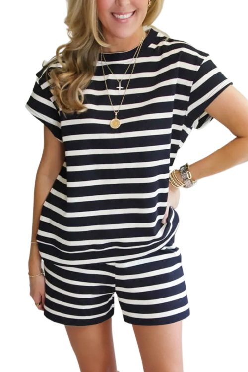 Women's Black and White Striped Short Sleeve Top and Shorts Set - Casual Summer Outfit