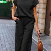 Women's Black Solid Color Textured Short Sleeve Top and Casual Pants Set - Image 7