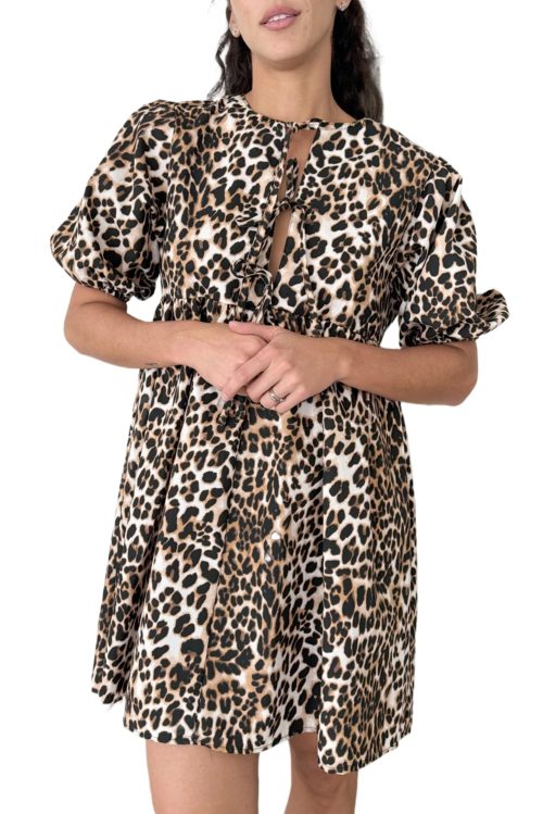 Women's Multicolour Leopard Tie Front Puff Sleeve Short Flared Dress - Casual Summer Style