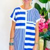 Women's Blue Stripe Mixed Printed Short Sleeve Shift Mini T-Shirt Dress - Image 7