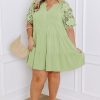 Plus Size Laurel Green Floral Crochet Short Sleeve Notch V Neck Tiered Mini Dress - Image 6