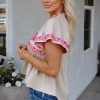Women's Beige Floral Embroidered Blouse with Notched V Neck and Flutter Sleeves - Image 3