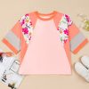 Women's Plus Size Orange Floral Print Patchwork Raglan Half Sleeve Top - Image 9