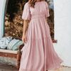 Women's Pink Puff Sleeve Pleated High Waist Flowy Long Dress - Perfect for Summer Occasions - Image 6