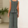 Women's Duffel Green Ribbed Ruffle Tank Top and Pants Set - Stylish Loungewear - Image 2