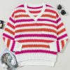 Women's Pink Stripe V-Neck Plus Size Sweater with Drop Shoulders - Image 7