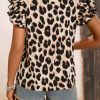 Women's Khaki Leopard Print Layered Ruffled Short Sleeve Blouse - Elegant and Versatile - Image 3