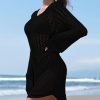 Chic Black Hollowout Knit Bell Sleeve Drawstring Mini Beach Dress - Image 8