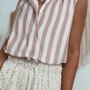 Women's Khaki Stripe Casual Button Down Sleeveless Shirt - Perfect for Summer - Image 3