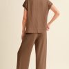 Women's Coffee Solid Color Corded Short Sleeve Top and Wide Leg Casual Pants Set - Image 2