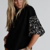 Women's Black Contrast Floral Puff Sleeve Oversized Top - Effortlessly Chic - Image 6