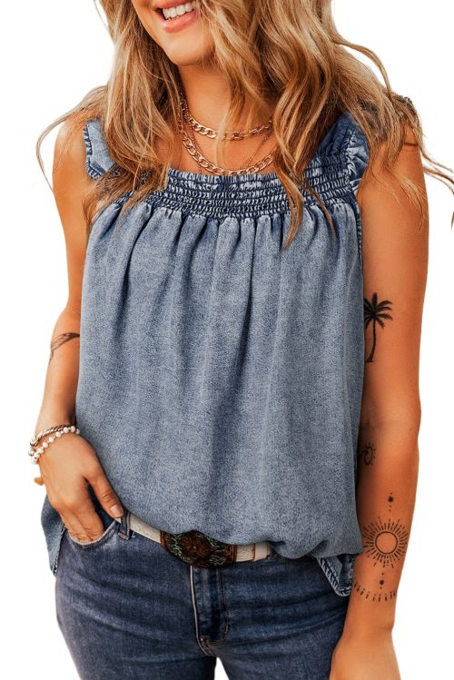 Women's Ashleigh Blue Ruffled Sleeveless Denim Tank Top with Shirred Neckline