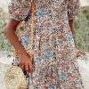 Women's Apricot Bohemian Floral Print Short Puff Sleeve Mini Dress - Image 10