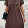 Chic Women's Dark Brown Contrast Lace Raglan Sleeve Pleated Shift Dress - Image 6