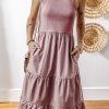 Chic Sepia Rose Ribbed Vest Patchwork Tiered Midi Dress with Pockets - Image 3