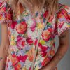 Women's Multicolour Floral Blouse with Lace Trim and Ruffle Short Sleeves - Image 8