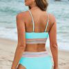 Women's Turquoise Striped Patchwork High Waist Bikini Swimsuit with Spaghetti Straps - Image 10