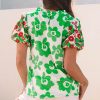 Elegant Green Floral Blouse with Contrast Embroidered Puff Short Sleeves - Image 2