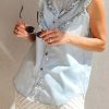 Women's Beau Blue Mineral Wash Cap Sleeve Frilled Button Up Denim Shirt - Image 6