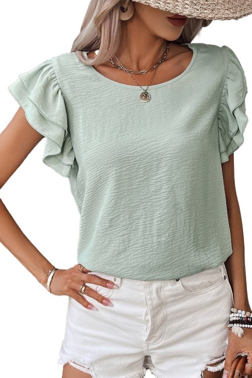 Women's Clearly Aqua Solid Color Ruffled Short Sleeve Casual Blouse