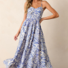 Women's Sky Blue Floral Print Spaghetti Strap High Waist Maxi Dress for Summer - Image 5