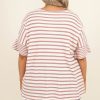 Cozy Pink Stripe Waffle Knit Pocketed Half Sleeve Plus Size T-Shirt - Image 2