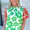 Elegant Green Floral Blouse with Contrast Embroidered Puff Short Sleeves - Image 8