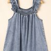 Women's Ashleigh Blue Ruffled Sleeveless Denim Tank Top with Shirred Neckline - Image 3