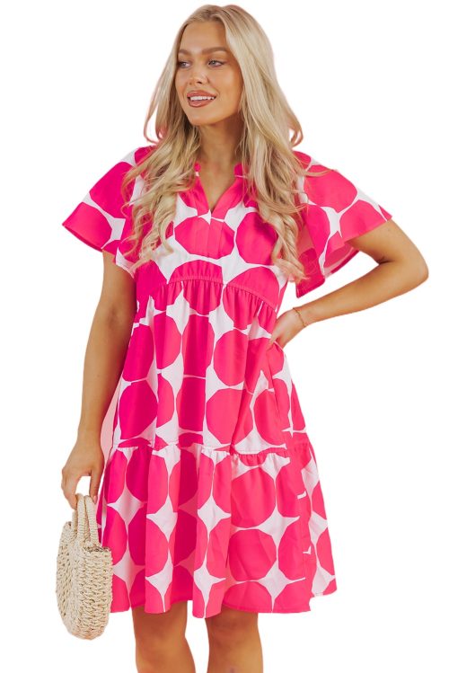 Women's Rose Polka Dot Flutter Sleeve Notched Neck Tiered Mini Dress