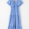 Elegant Sky Blue Textured V Neck Flutter Sleeve Ruffled Maxi Dress for Women - Image 8