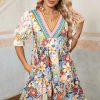 Women's Multicolour Boho Floral Print Crochet Patchwork V Neck Loose Mini Dress - Image 3