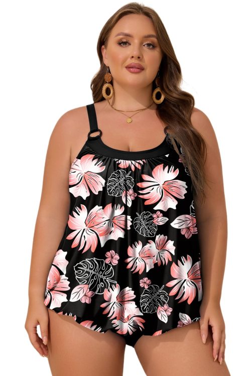 Black 2-Piece Plus Size Wide Strap Floral Tankini Set - Versatile Swimwear for Beach & Vacation