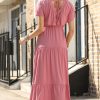 Elegant Rose Pink Textured V Neck Flutter Sleeve Ruffled Maxi Dress for Women - Image 2