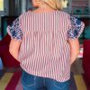 Plus Size Women's Red Stripe Floral Embroidered Petal Sleeve Blouse - Image 2