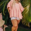 Chic Apricot Pink Plus Size Textured Wide Short Sleeve Babydoll Blouse - Image 6