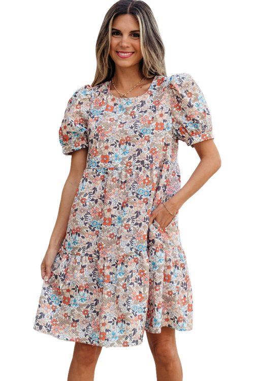 Women's Apricot Bohemian Floral Print Short Puff Sleeve Mini Dress