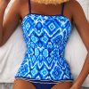 Women's Navy Blue Abstract Print Frilled Trim Spaghetti Straps Tankini Set - Image 7