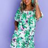 Women's Green Floral Print Shirred Square Neck Mini Dress with Puff Sleeves - Image 3