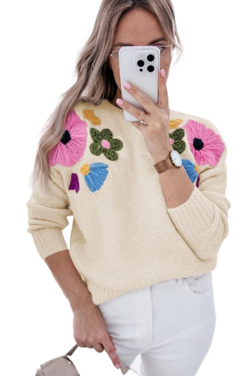 Women's Beige Knitted Flower Pattern Ribbed Edge Sweater