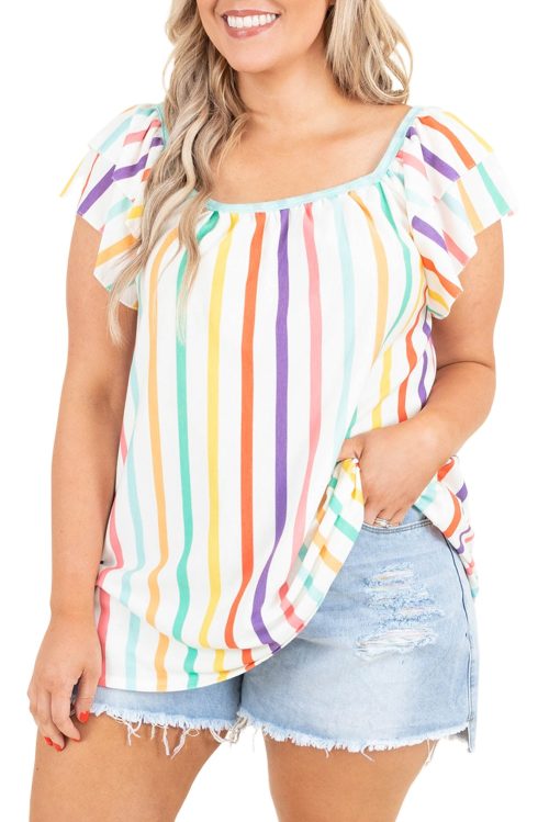 Plus Size Women's White Stripe Ruffled Sleeve Square Neck Blouse